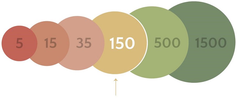 Illustrative image showing the Dunbar number and the different groups size